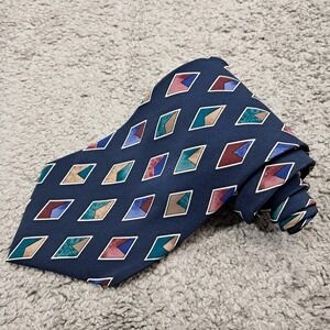 Christian Dior Monsieur Mens Navy Blue Geometric Diamond Silk Tie Made in USA